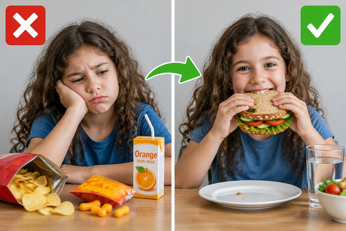 Niña sin ganas frente a frituras y luego feliz comiendo un sándwich saludable